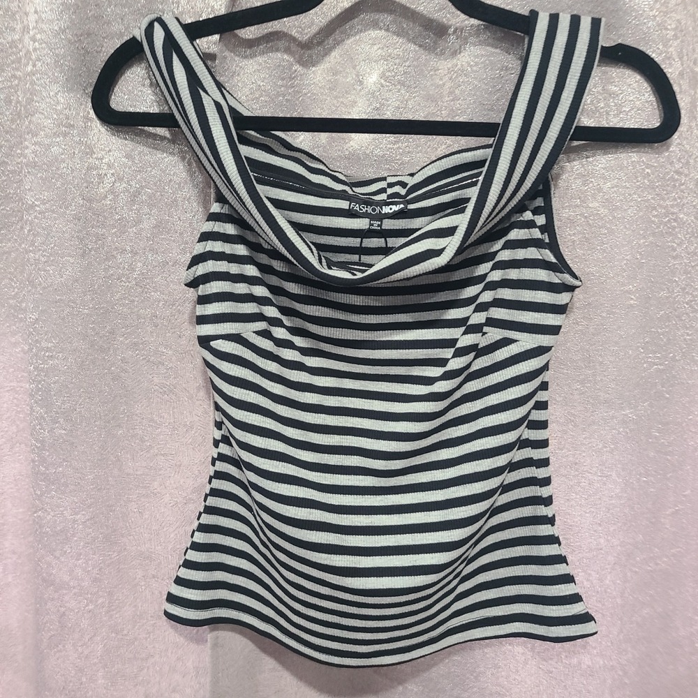 Fashion Nova Women Grey Black Striped CowlNeck Ribbed Knit Tank Top Sleeveless M